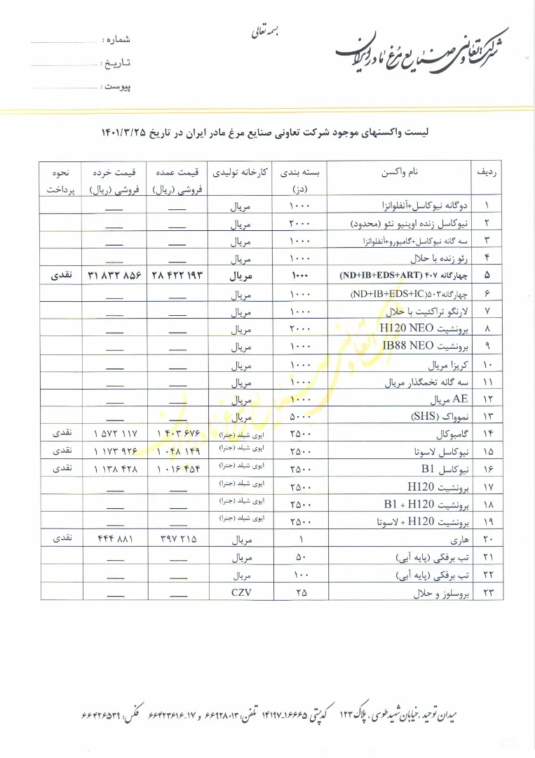 لیست واکسن های شرکت تعاونی صنایع مرغ مادر ایران